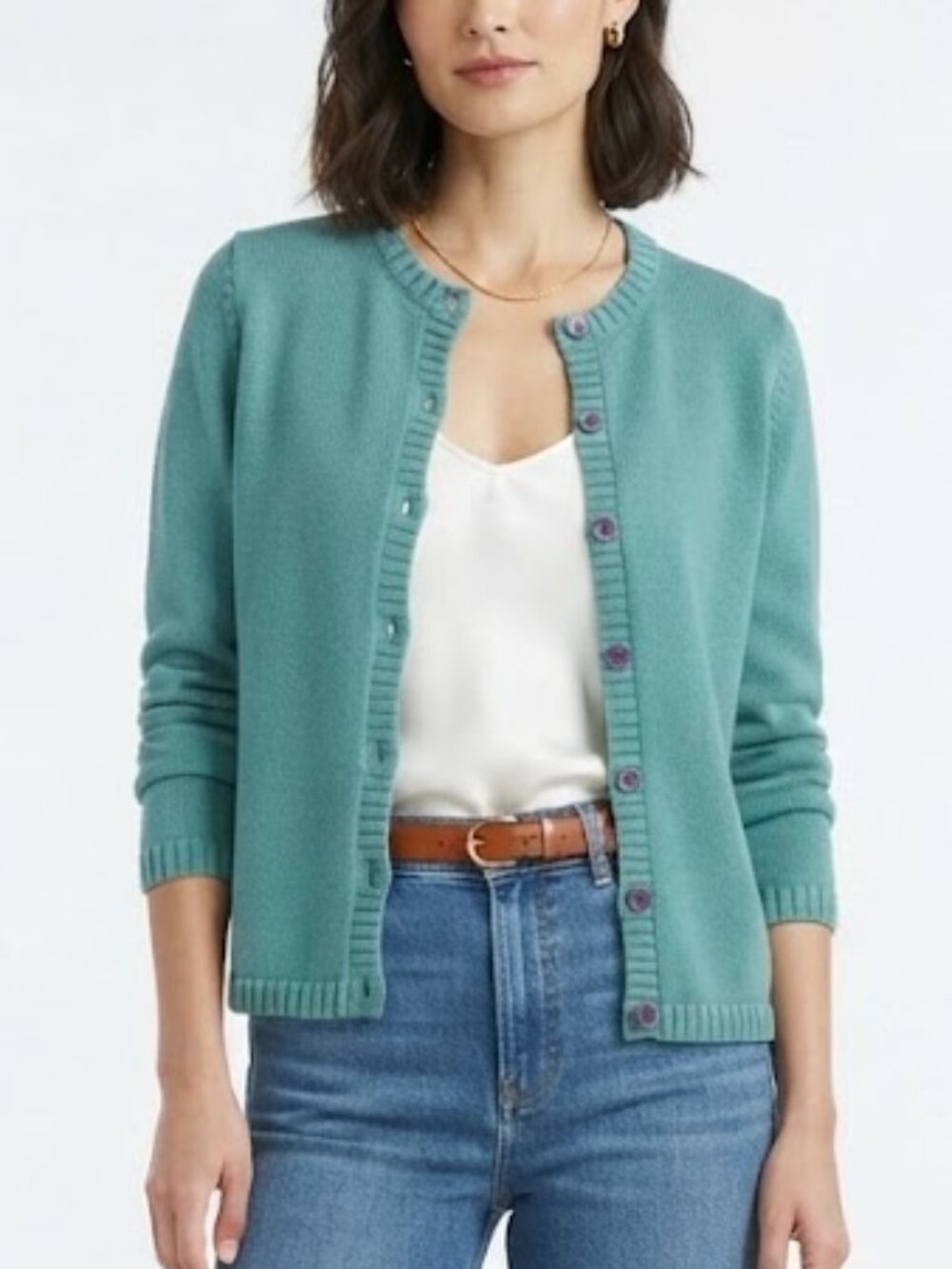 Vintage 90s L.L.Bean Teal Cotton Knit Crewneck Button Cardigan Sweater Size M